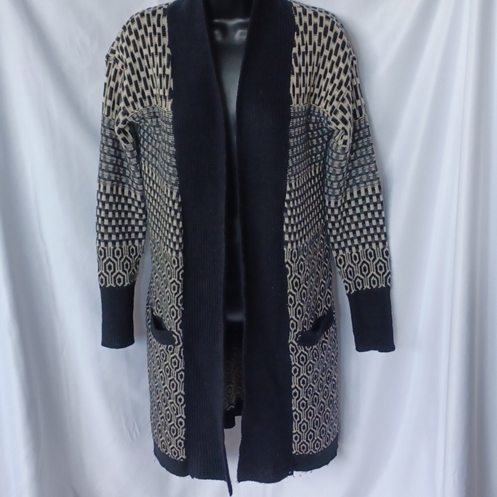 Ruby Moon Long Cardigan Sweater, black & cream, wool blend, Size Small